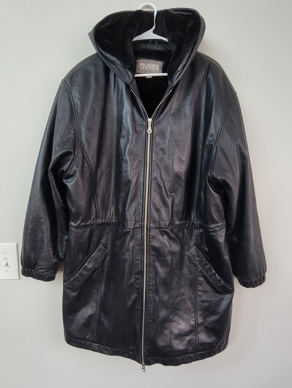 Wilson's Leather Hooded Black Faux Fur Lined Coat Women Size XL Mobwife Luxury